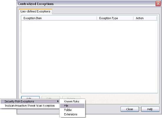 Centralized Exceptions dialog box