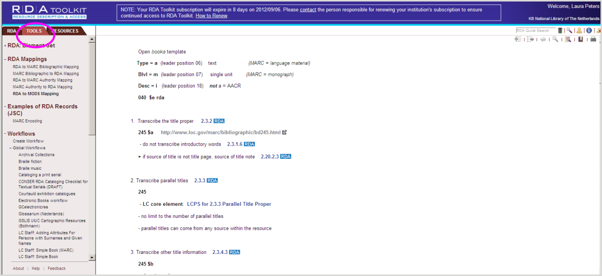 RDA Toolkit Workflows screen