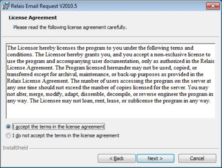 Relais Email Request V2010.5 window