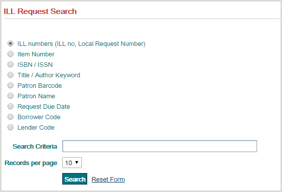 ILL Request Search screen
