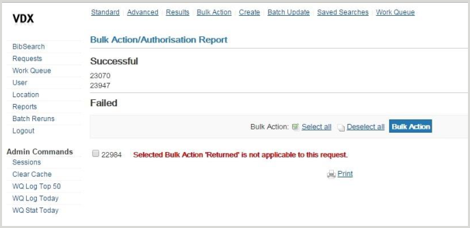 Bulk Action/Authorisation Report (VDX)