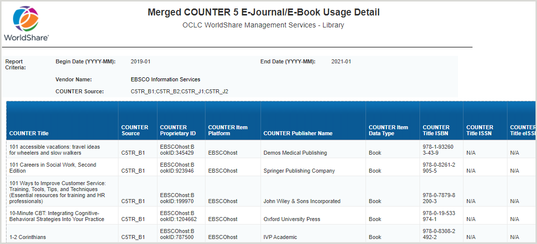 Merged COUNTER 5 E-Journal/E-book Usage Detail report interface