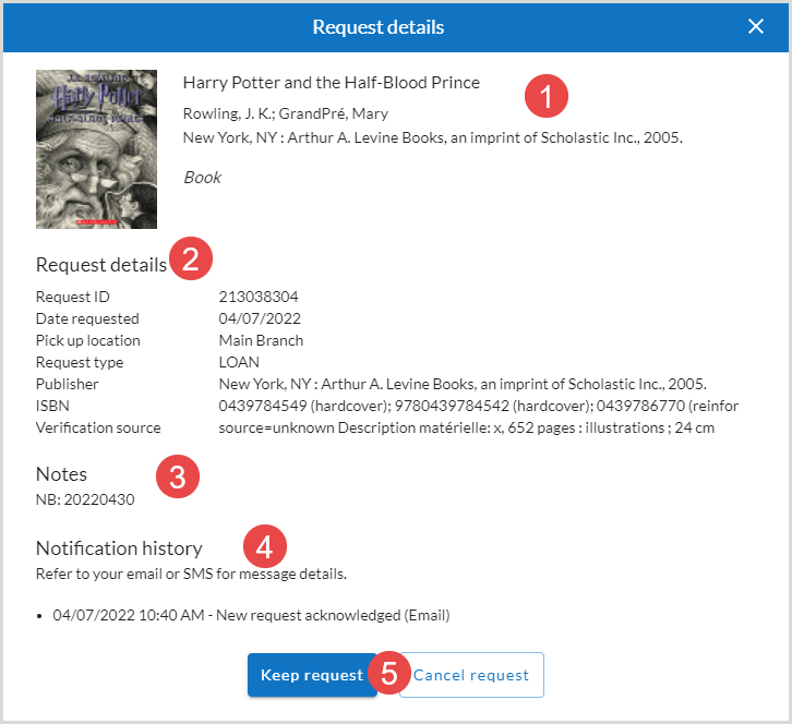 Screenshot of the Request Details screen showing detailed information about the user's request.
