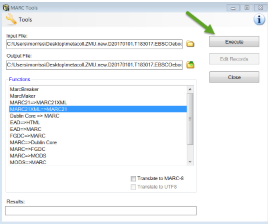Screenshot of the MarcEdit interface with a green arrow pointing to the Execute button