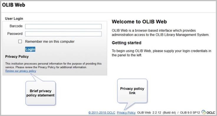 Welcome screen in OLIB Web.